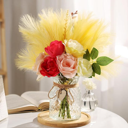 Artificial Flowers with Vase Centerpiece Table Decorations for Dining Room Farmhouse Living Room Table Centerpieces Decor Fake Silk Rose Bouquet in Glass Vase for Centerpiece Home Coffee Table Decor