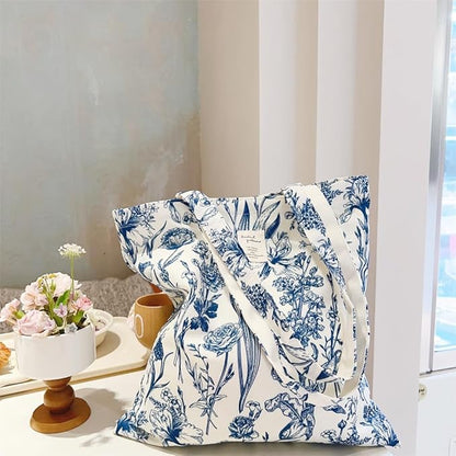 Cotton Canvas Tote Bag Reusable Soft Grocery Cloth Bag Floral Shoulder Bag for Beach Travel Shopping