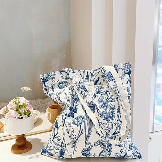 Cotton Canvas Tote Bag Reusable Soft Grocery Cloth Bag Floral Shoulder Bag for Beach Travel Shopping
