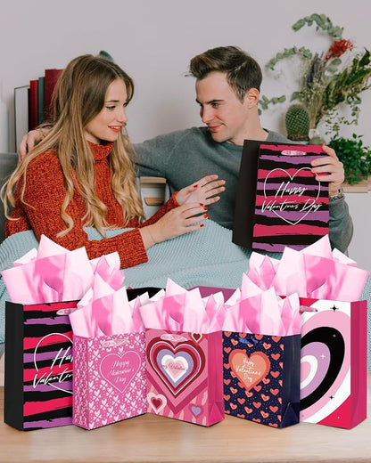 qiqee Valentine 5PCS Gift Bag with Tissue Paper Assorted Size Present Wrap Bags For Lover (3 PCS Medium Size+2 PCS Large Size)
