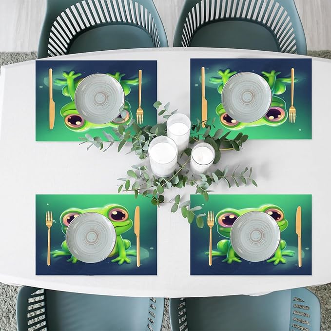 Frog Animal Green Placemats Set of 4 PVC Vinyl Non Slip Table Mats Waterproof Heat Resistant Place Mats Washable Wipeable Dining Table Mat for Kitchen Party Farmhouse Indoor Outdoor Decorative