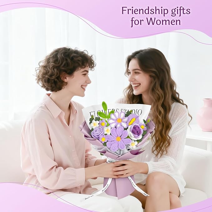 Crochet Flower Bouquet, Purple Knitted Flowers, Handmade Crochet Roses Calla Lily Gasang for Lover Anniversary Birthday Party Mother's Day Graduation Gifts (Purple)