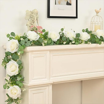 Dolicer 2Pcs 13Ft Artificial Eucalyptus Garlands with Flowers - 8 Roses, Faux Floral Greenery Garlands Fake Flowers Vines for Wedding Table Centerpieces Arch Party Ceremony Backdrop Decor (White)