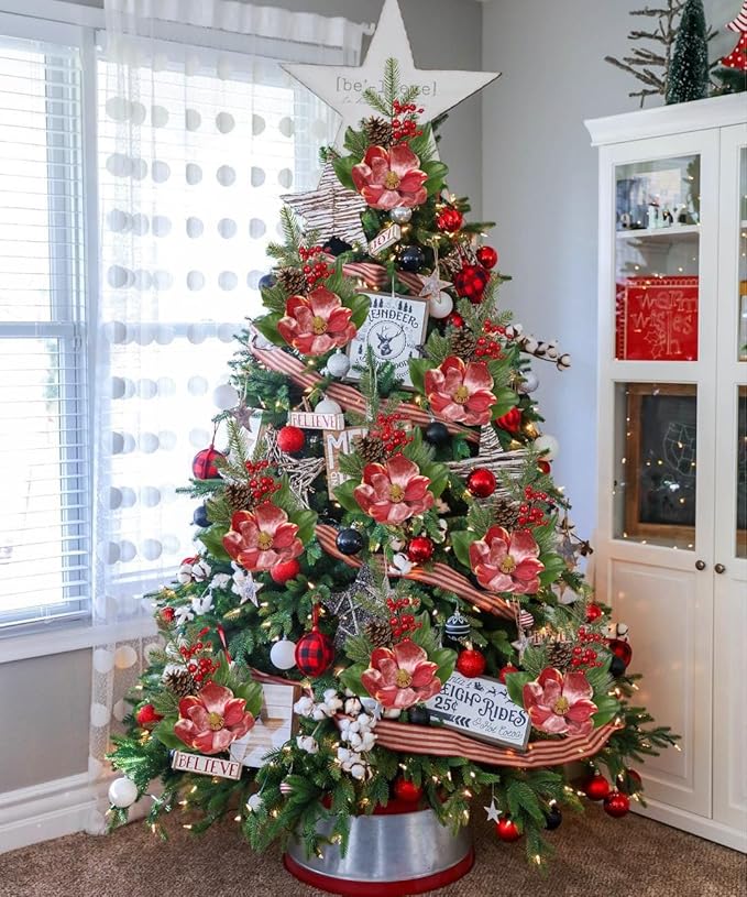 Briful 2 Pack 18.9in Christmas Magnolia Flower Branches, Artificial Magnolia Floral Picks and Spray with Pinecones Berries for Xmas Tree Vase Arrangements Decor