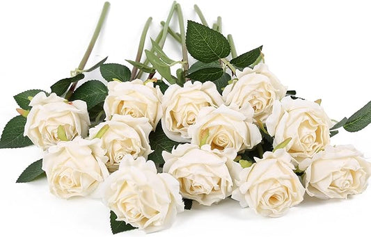 IPOPU White Roses Artificial Flowers 12pcs Vintage Dried White Flowers Artificial Roses Silk Flowers with Single Stem White Fake Rose for Wedding Centerpieces Wall Flowers Decorations (Off White)