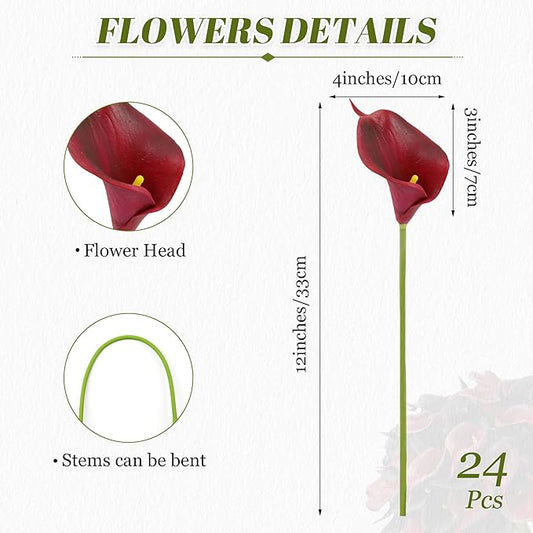 24 Pcs Artificial Calla Lily Flowers Fake Silk Flowers Real Touch for Halloween Wedding Bouquet Office Home Kitchen Decor (Black Red)