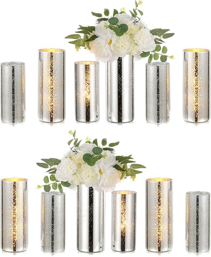Glass Cylinder Vases Set of 12, Hewory Glittery Silver Vase for Centerpieces, Glass Hurricane Candle Holders for Pillar Floating Candle, Round Tall Vase for Wedding Anniversary Events Home Table Decor