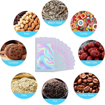 400 Pack 4 Size Bags with Clear Window,Scratch Resistant Hand Holographic Packaging Pouch,Resealable Bag for Small Bussiness Cookies Jewelry Candy Sample (Pink Blue, 2.4×3.9,3x4.7,4×7,5.5×7.9 inch)