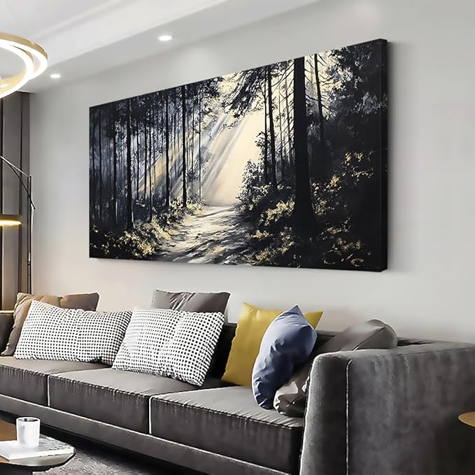 LAVIKARS Rustic Sunlight Forest Wall Art for Living Room Office Black and White Modern Landscape Canvas Painting Prints Large Nature Artwork Home Kitchen Bedroom Decor (28x58 Inches)