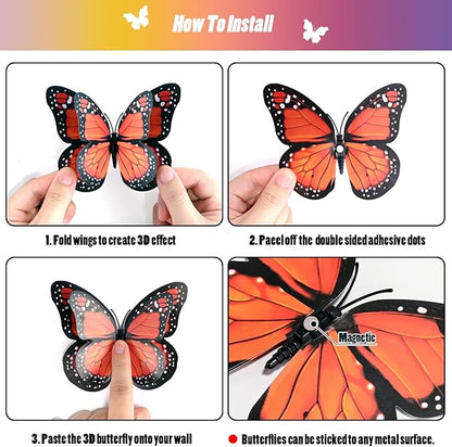 SAOROPEB 3D Butterfly Wall Decor, 24 Pcs Double Layer Butterfly Decorations for Party Decorations Locker Decor Refrigerator Decal, Reusable (Monarch)