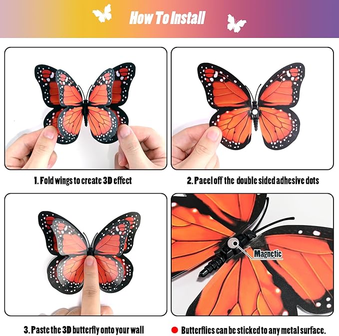SAOROPEB 3D Butterfly Wall Decor, 48 Pcs Double Layer Butterfly Decorations for Party Decorations Locker Decor Refrigerator Decal, Reusable (Monarch)