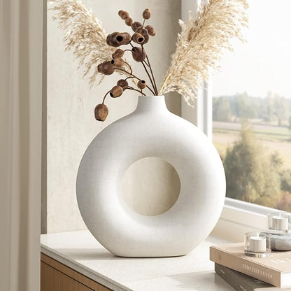 Cream White Ceramic Vase for Home Decor, Donut Vase for Pampas Grass, Dried Flowers, 7.6 Inch Minimalist Boho Flower Vases Decorative for Table, Shelf, Living Room, Dining Room, Farmhouse