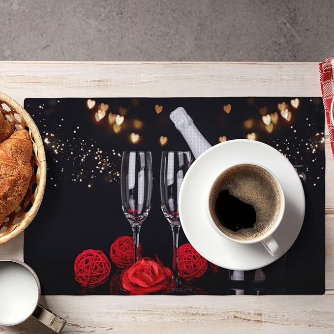 Red Rose Wine Linen Table Placemats Set of 6 Romantic Floral Modern Art Placemat Indoor Outdoor Party Home Desktop Kitchen Dining Room Decoration 12x18 Inch