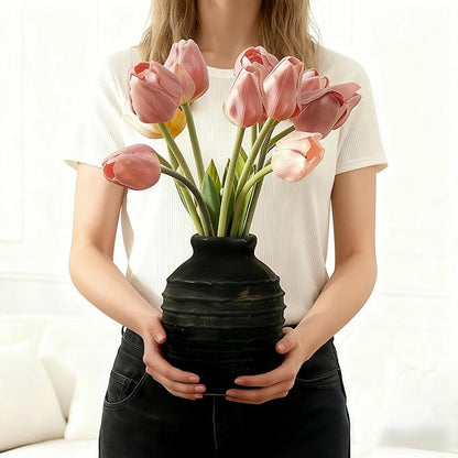 Ceramic Vase, 6.7 inch Ribbed Textured Minimalist Rustic Farmhouse Terracotta Vase for Home Decor, Table, Living Room, Entryway, Shelf, Mantel Decoration (Black)