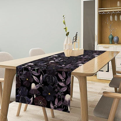 Gothic Floral Table Runner, Watercolor Black Purple Flowers Victorian Luxury Vintage Leaves Plant Table Runner for Home Kitchen Dining Decor Indoor Outdoor Party, 13x70inch