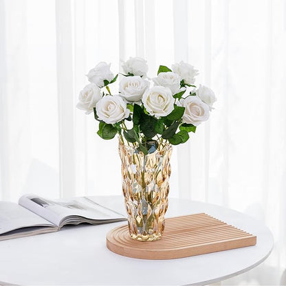 Hawesome Fake Roses Artificial Silk Flowers - 12 Pcs White Roses Artificial Faux Flowers with Stems for Home Wedding Centerpiece Hotel Office Decor