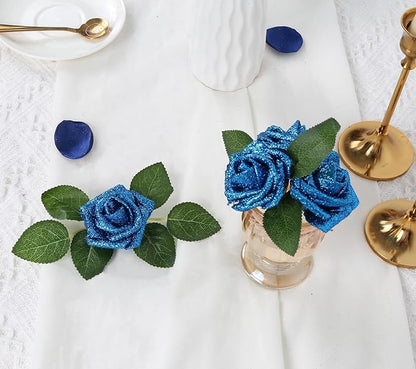 IPOPU Fake Roses,25PCS Blue Roses Glitter Roses Artificial Roses with Stems for Cake Wedding Bouquet Home Party Decoration(Blue)