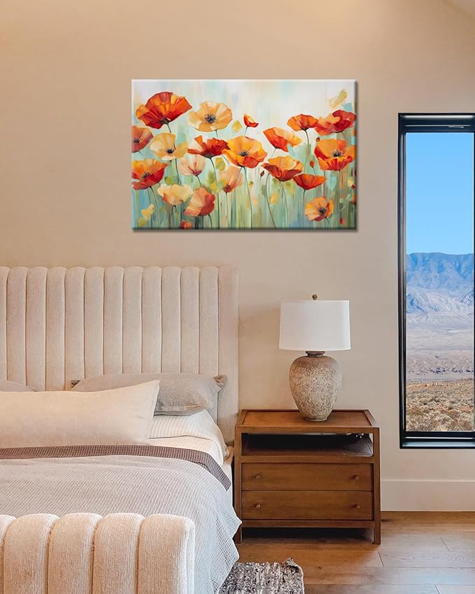 GLOKAKA Vibrant Poppies Wall Art Floral Red and Orange Watercolor Poppy Flower Painting Print Canvas Artwork For Living Room Bathroom Dinning Room Decor (Vibrant Poppies, 18"x12")