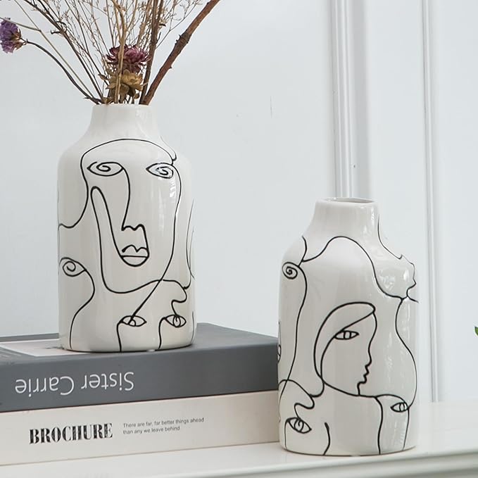 Kimdio Ceramic Vase Set, 2pcs White Abstract Irregular Design Flower Vases, Modern Home Decor Living Room Decor Minimalist Decorative Vase for Pampas Grass