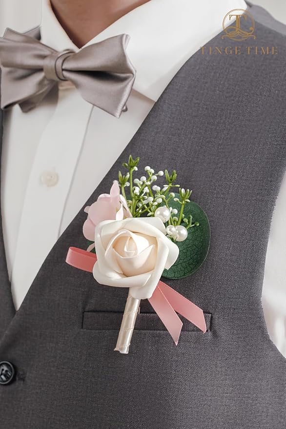 TINGE TIME Boutonniere for Men Wedding,Groom and Best Man Boutonniere for Wedding Ceremony Anniversary, Formal Dinner Party and Rustic Spring Wedding Marriage (10, Champange&Pink)