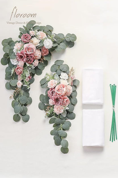 Floroom Arch Flowers with Drapes Kit (Pack of 4) - 2pcs Artificial Dusty Rose & Blush Floral Swag Arrangement with 2pcs Draping Fabric for Wedding Ceremony Arbor and Reception Backdrop Decoration