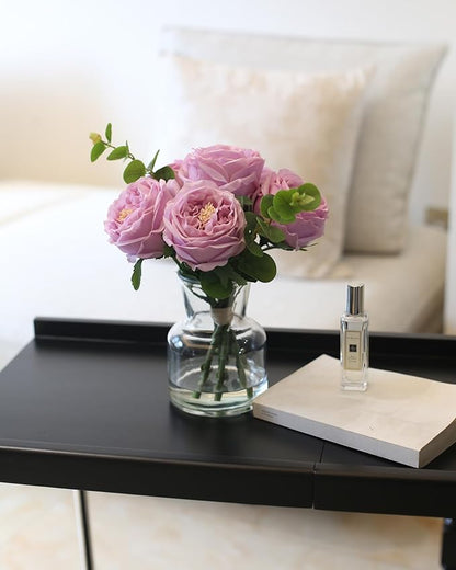 Artificial Flowers with Pinkish-Purple Peonies in Vase, Fix Lifelike Fake Flowers in a Vase with Artificial Water, Faux Flower Arrangements for Dining Table Centerpiece Decor