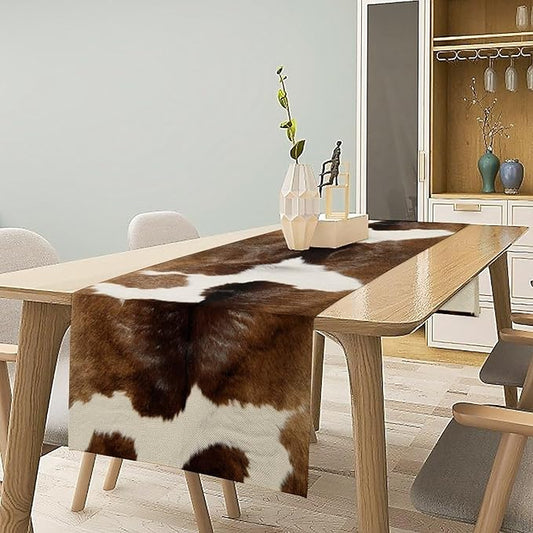 Cow Skin Print Table Runner Farmhouse Western White Brown Cowhide Rustic Cottage Country Seasonal Spring Fall Kitchen Dining Table Decoration for Home Party Dinner 13x120cm