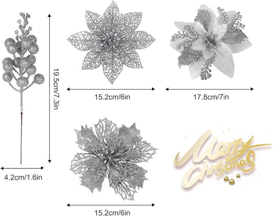 RECUTMS 66 Pcs 3 Styles Silver Christmas Ornaments Christmas Glitter Poinsettia Flowers Artificial Christmas Tree Flower Decorations Wedding Wreath Floral Decorations (Silver)