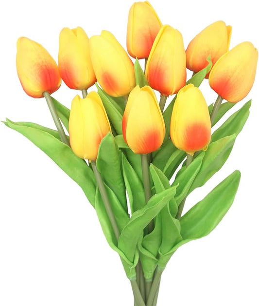 Artificial Flowers 10 Heads Mini Real Touch Artificial Tulip for Home Wedding Party Centerpiece Decoration (Orange)