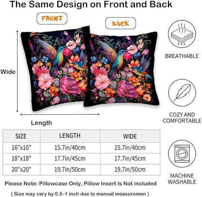 Hummingbird Throw Pillow Covers 18x18 Set of 2 | Reversible Decorative Cushion Cases for Living and Bed Room | Square Bird Pillowcases for Sofa, Couch and Outdoor