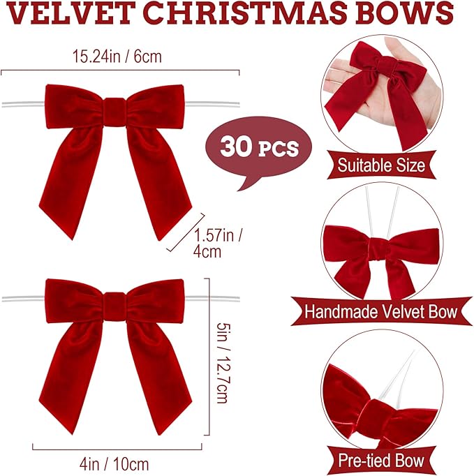 30 Pcs Velvet Ribbon Bows 5" x 4" Pre Tied Christmas Velvet Bows with Twist Tie for Gift Packaging Christmas Tree Wreaths Door Windows Wedding Party Decoration(Red)