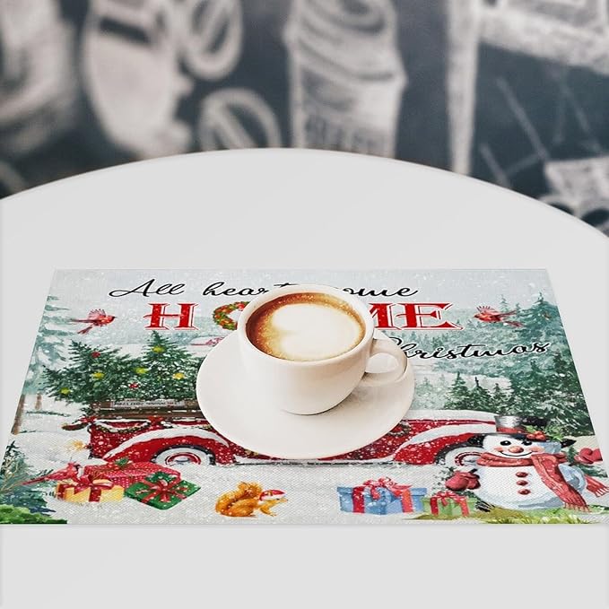 Merry Christmas Placemats Buffalo Plaid Red Truck with Christmas Tree, Winter Snowy Snowflake Snowman Placemats Table Kitchen Dining Party 12x18 Inch Set of 6