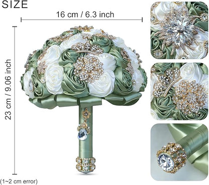 Handmade Satin Rose Floral Bling Pearl Decor Bridal Wedding Bouquet Rhinestone Pendant Artificial Brooch Flowers for Bride Bridesmaid Quinceanera