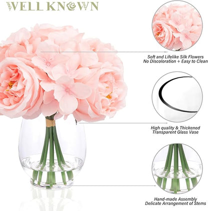 Silk Peonies Artificial Flowers with Hydrangea in Glass Vase with Fake Water, Fake Austin Rose Bouquet with Vase for Home Hotel Office Wedding Party Decor as Table Centerpieces & Gift (Blush Pink)