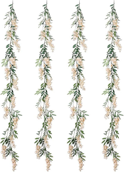 Duovlo 4Pcs 6.6Ft/Piece Imitation Silk Wisteria Garland Hanging Flower Vine for Home Outdoor Garden Ceremony Wedding Arch Floral Decor (Champagne)