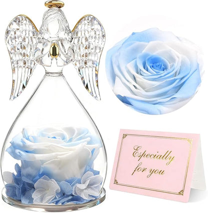 Yamonic Birthday Gifts for Mom Women, Angel Figurines with Real Rose Gifts for Her Mom Grandma, Mothers Day Preserved Flowers Rose for Christmas Valentine's Day (White+Blue)