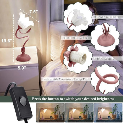 Flower Table Lamp, 3 Level Brightness Vintage Flower Reading Light with E26 Bulb, Cute Desk Lamp Bedside Lamps Lily Lamps for Nightstands Living Room Bedroom Ambient Lighting Home Decor