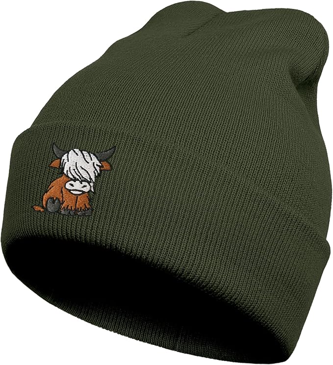 Scottish Highland Cow Beanie Hat, Cute Funny Cow Embroidery Winter Knit Skull Cap for Adult Men Women