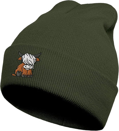 Scottish Highland Cow Beanie Hat, Cute Funny Cow Embroidery Winter Knit Skull Cap for Adult Men Women