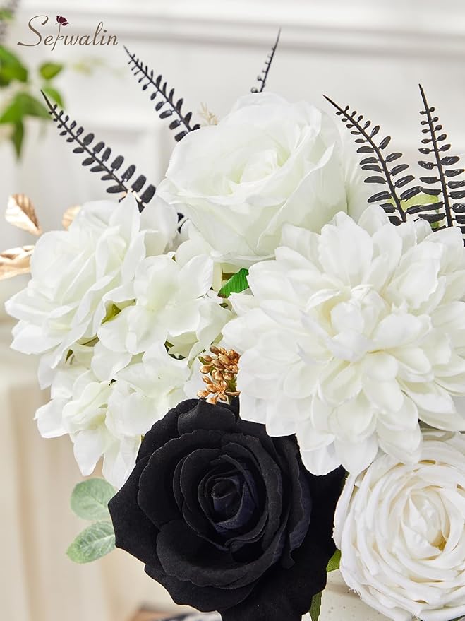 Serwalin Black Artificial Flowers, White Roses Silk Fake Flowers for DIY Wedding Bridal Bouquets, Wedding Cake Flowers for Table Centerpieces Baby Shower Birthday Party Home Decorations