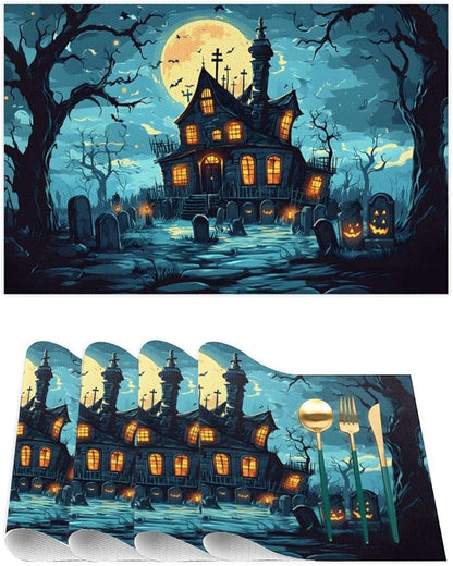 Halloween Castle Moon Scary Placemats Set of 6 PVC Vinyl Non Slip Table Mats Heat Resistant Place Mats Washable Wipeable Dining Table Mat for Kitchen Decor Party Indoor Outdoor Decorative Gift