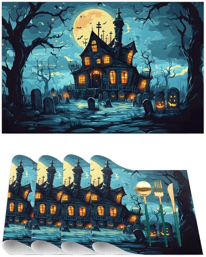 Halloween Castle Moon Scary Placemats Set of 1 PVC Vinyl Non Slip Table Mats Heat Resistant Place Mats Washable Wipeable Dining Table Mat for Kitchen Decor Party Indoor Outdoor Decorative Gift