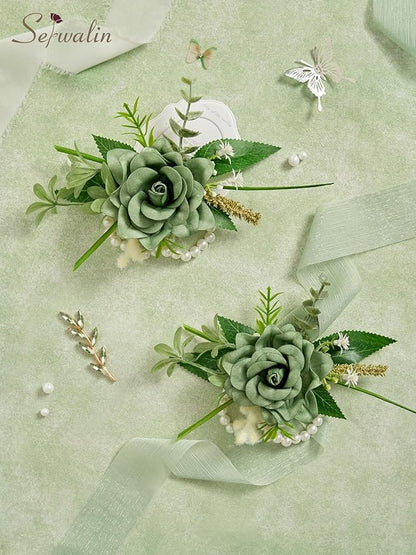 Serwalin Set of 2 Wrist Corsage for Wedding, 6-7inch Corsages Wristlet for Bridesmaid Mother Grandmother, Artificial Flowers for Prom Ceremony Anniversary, Green