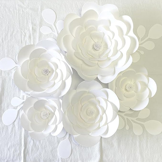 Party Paper Flower Decorations Need Assembled 3D Paper Flowers with Leaves Wall Backdrop Decor Large Paper Flower Decoration(White Set) Wedding Bridal Shower Nursery Baby Shower Wall Flowers Decor