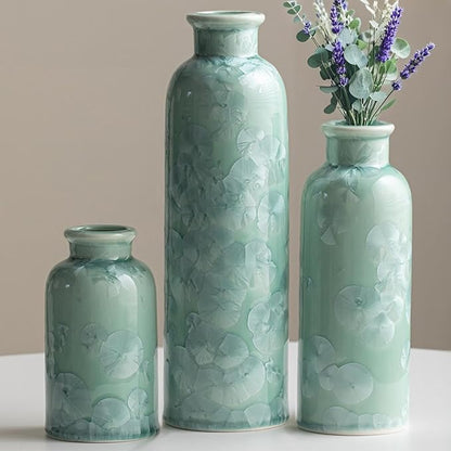 Modern Ceramic Vase Set of 3, Green Crystalline Glaze Colors, Decorative Bottles for Home, Farmhouse Rustic Decor (Crystalline Glaze Green)