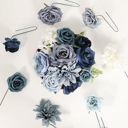 Artificial Flowers Combo Box Set Dusty Blue Bouquet Flowers for Wedding Centerpieces Arrangements Bridal Shower Party Decorations Fake Floral for Home