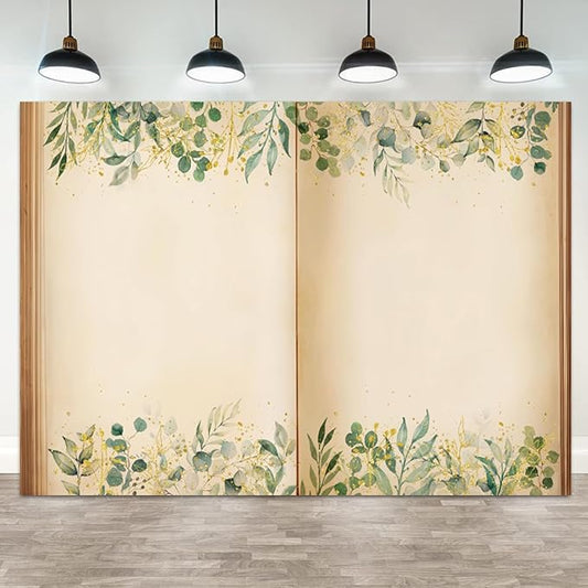 5x3ft Fairy Tale Books Backdrop Once Upon a Time Storybook Photography Background Green Leaves Foliage Old Open Magic Book Romantic Wedding Decorations Birthday Baby Shower Photo Booth Prop