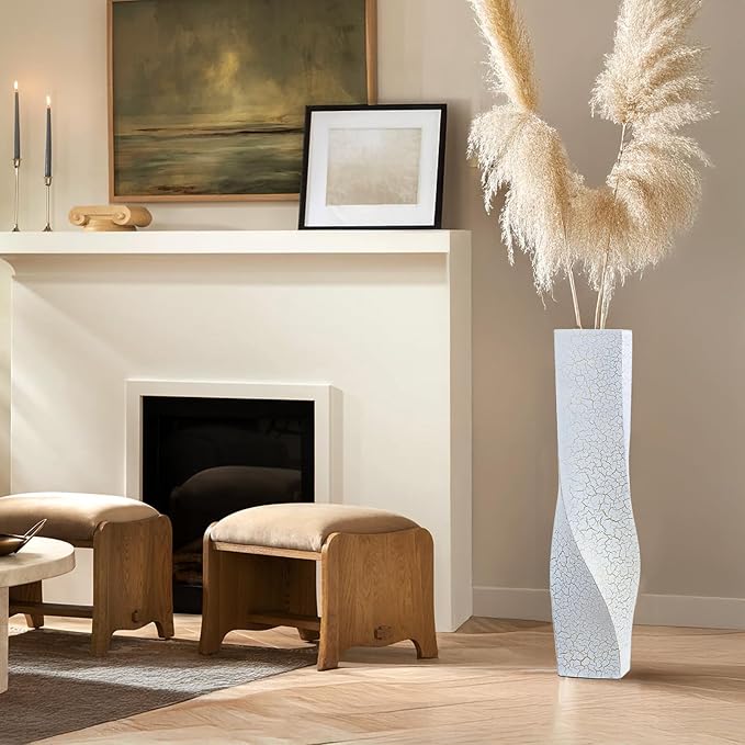 Tall Vases On Floor, 23.62" Twisted Geometric Flower Vase for Home, Living Room, Flower Centerpieces, Shelf, Table, Decor, White Crackle Vase