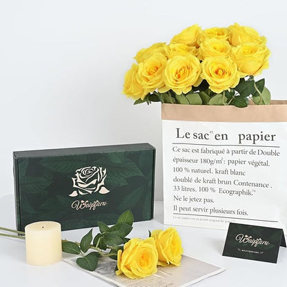 Waipfaru 16 Pcs Mothers Day Fake Roses, Silk Yellow Roses Artificial Flowers with Long Stems for Valentines Day Wedding Bouquet Vase, Cemetery Flowers for Grave (Yellow)