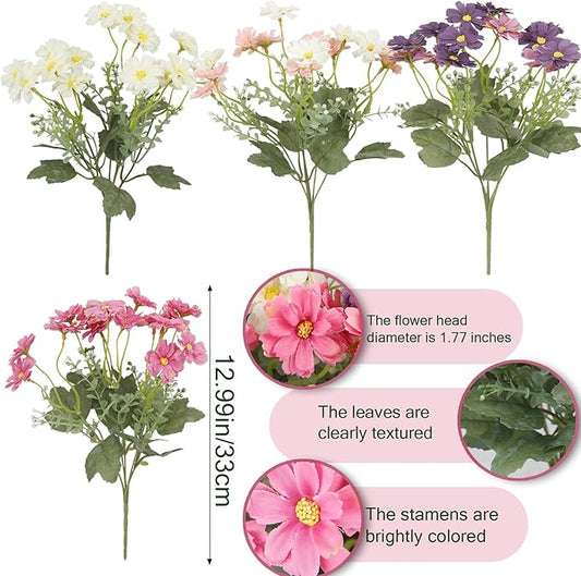 4 Pcs Artificial Daisy Flowers Outdoor UV Resistant Silk Flowers for Outside Pink Faux Daisy Bouquet Arrangement for Spring Summer Garden Porch Window Box Planter Front Door Patio Balcony Decor